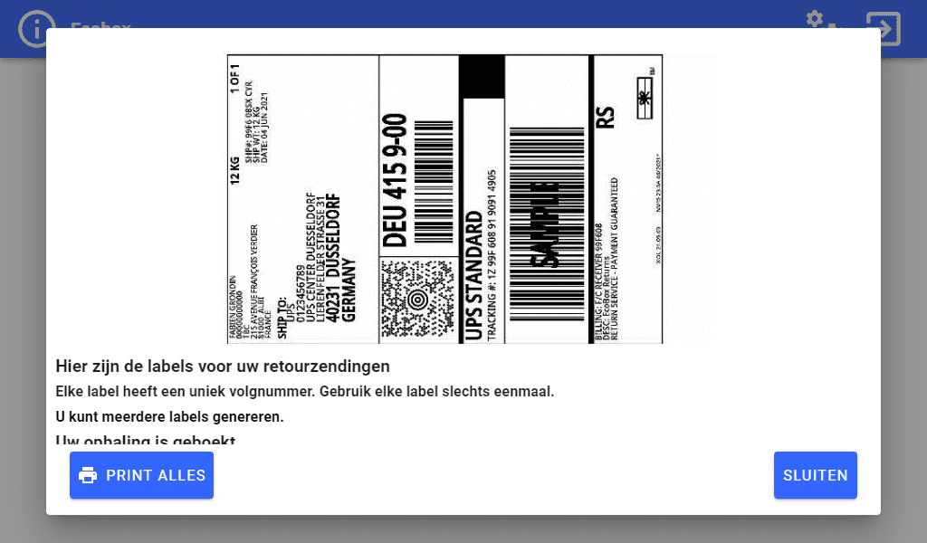 Ecobox-configuratiescherm Af te drukken etiket voor retourneren
