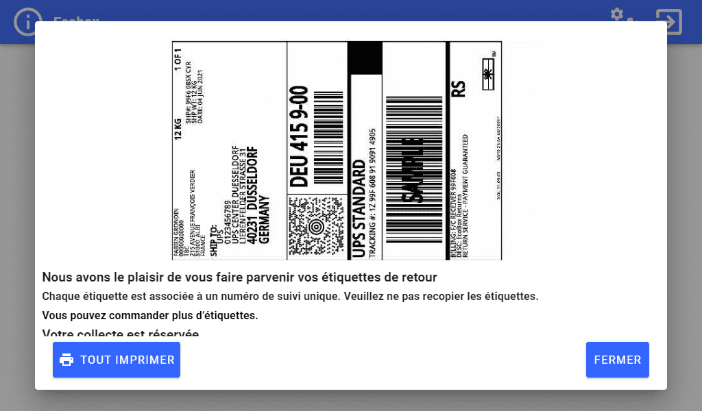 Ecran configuration Ecobox étiquette de retour à imprimer