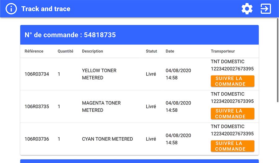 Ecran de configuration Track & Trace N° de commande