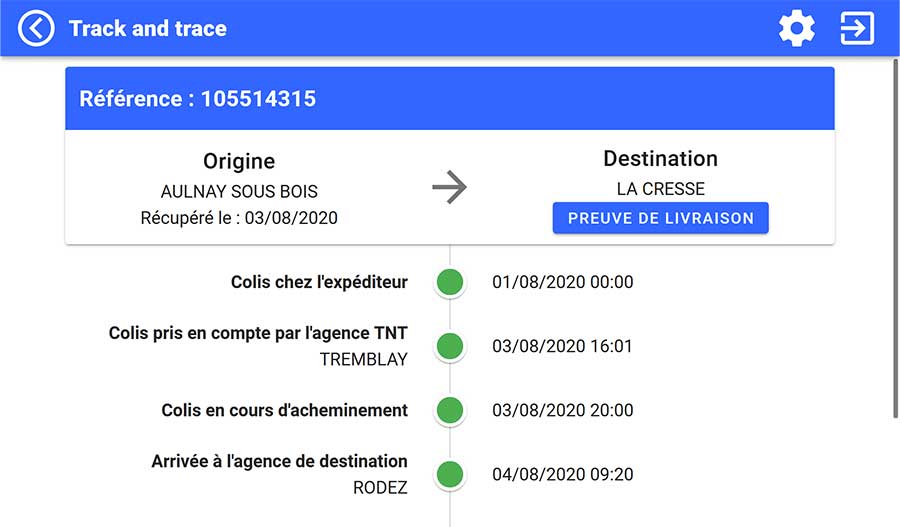 Ecran de configuration Track & Trace Référence, Origine et Destination